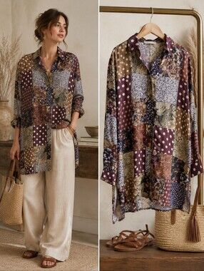 Vintage Dalmys 100% Silk Patchwork Tunic Blouse | Boho Oversized Floral Small